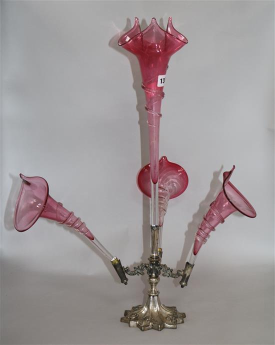 A late Victorian plated and cranberry glass epergne, height 59cm